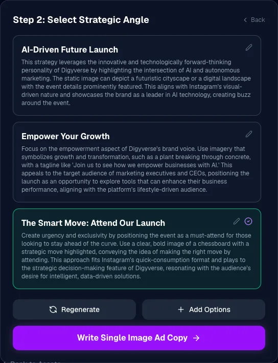 DigyMark AI showing three campaign strategies